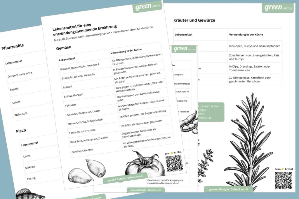 Vorschau der PDF-Liste mit Lebensmittelgruppen und Küchenideen für eine entzündungshemmende Ernährung.