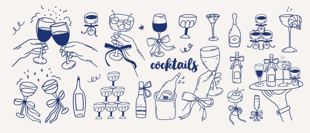 Illustration verschiedener alkoholischer Getränke.